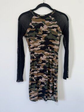 Heart & Hips Camo Bodycon Mini Dress S Black Mesh Long Sleeves